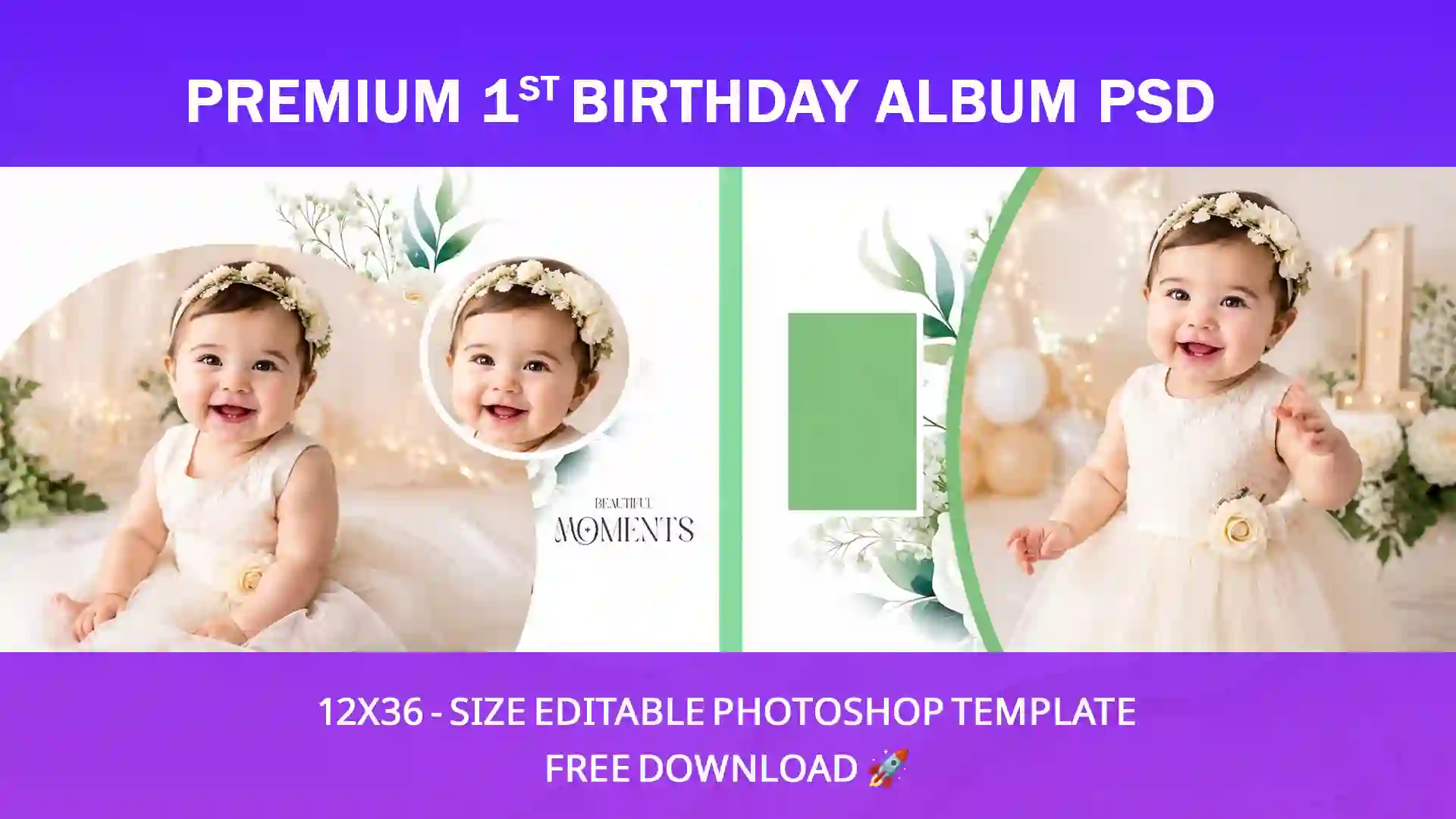 Free Premium 1st Birthday Album PSD Template (12×36) – Editable Photoshop Layout Download
